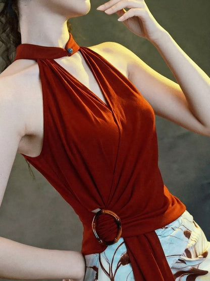 Wine Red V Neck Sleeveless Halter Knit Top Design - sijinstudio
