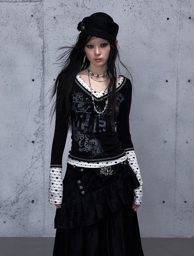 Rock Black Print Details V-neck - Top Punk Shoulder Button Sleeve Long Number