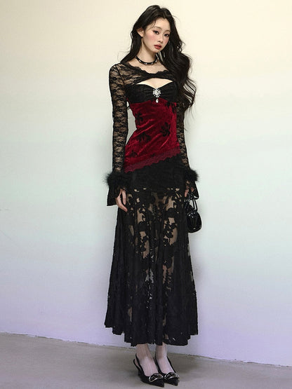 Black Asymmetrical Neckline Red Velvet Patchwork Semi-sheer Mermaid Skirt Dress Evening Gown