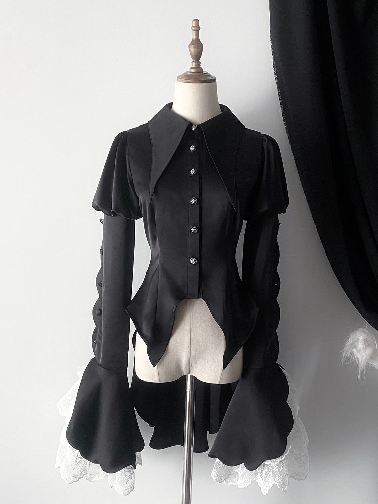 Black Pointed Foldover Collar Ouji Gothic Lolita Long-Sleeve Tail Shirt