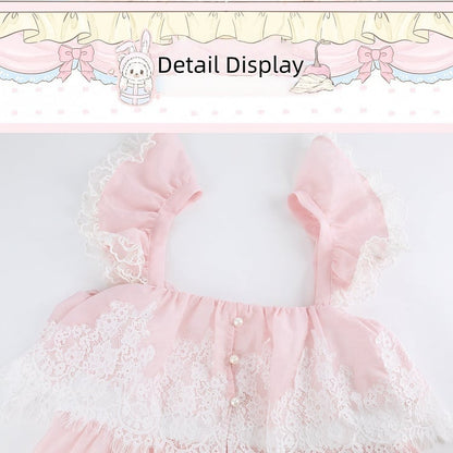 Pink Square Neck Flutter Sleeve Lace Dress - serendipity