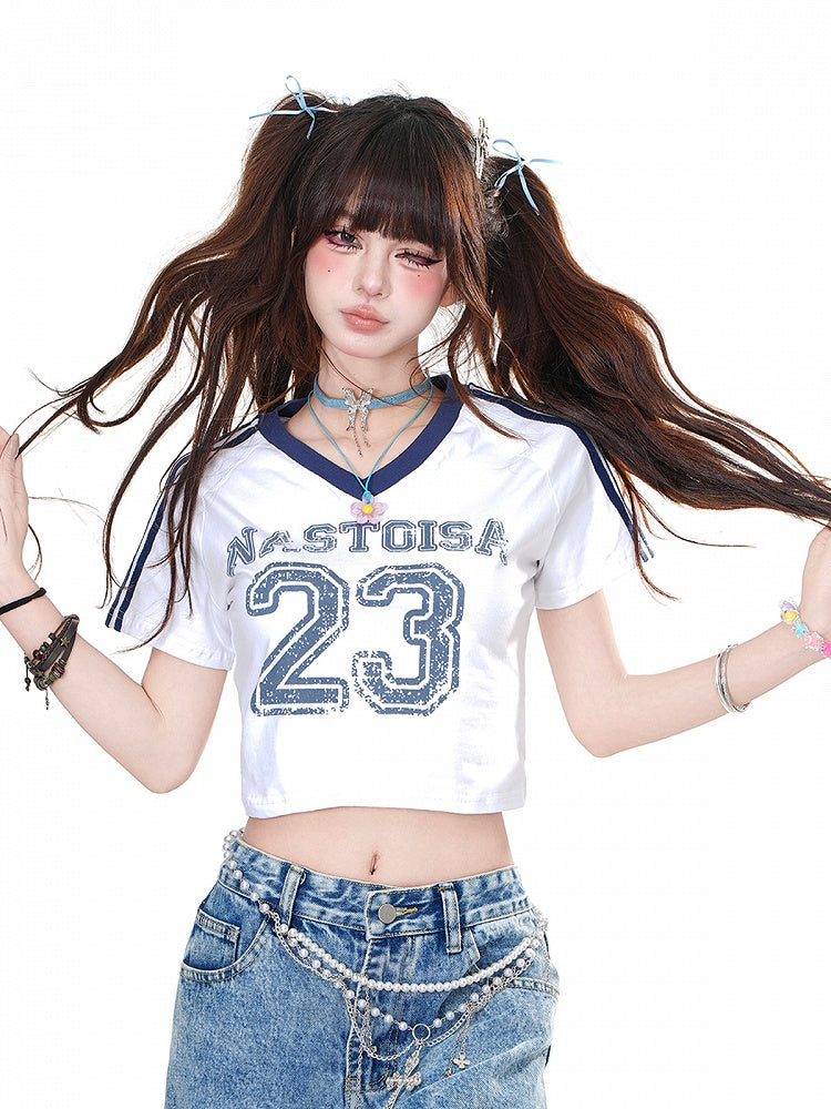 White/Black V-Neck Number Print Glamorous Cropped T-Shirt