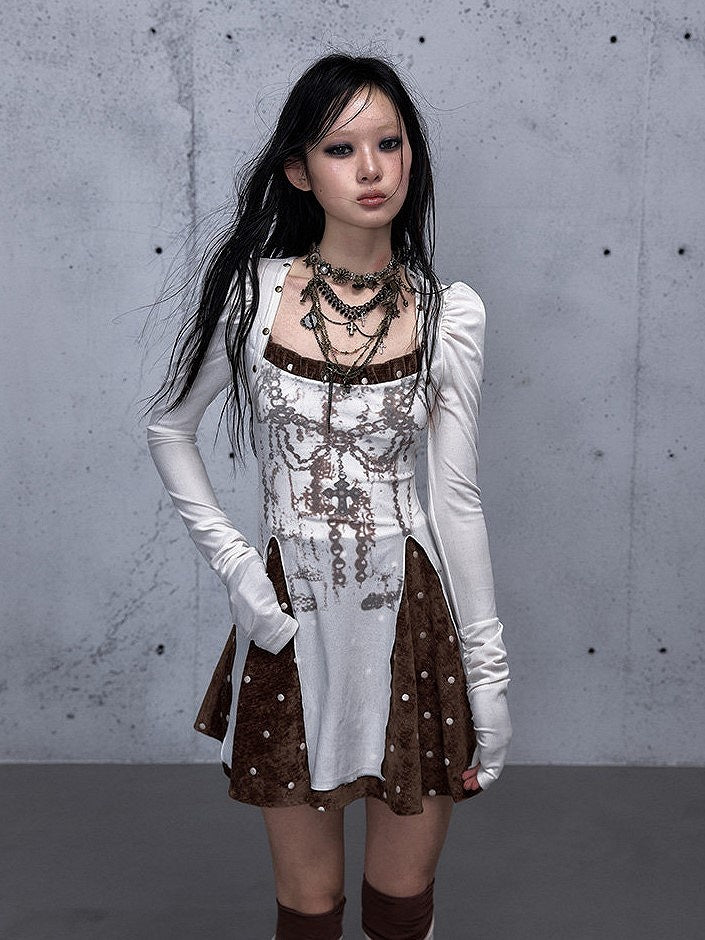 Cross with Brown Punk Vintage Subtle Dress Print Chain Sleeves Beige Puff
