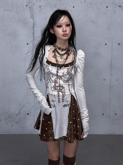 Cross with Brown Punk Vintage Subtle Dress Print Chain Sleeves Beige Puff