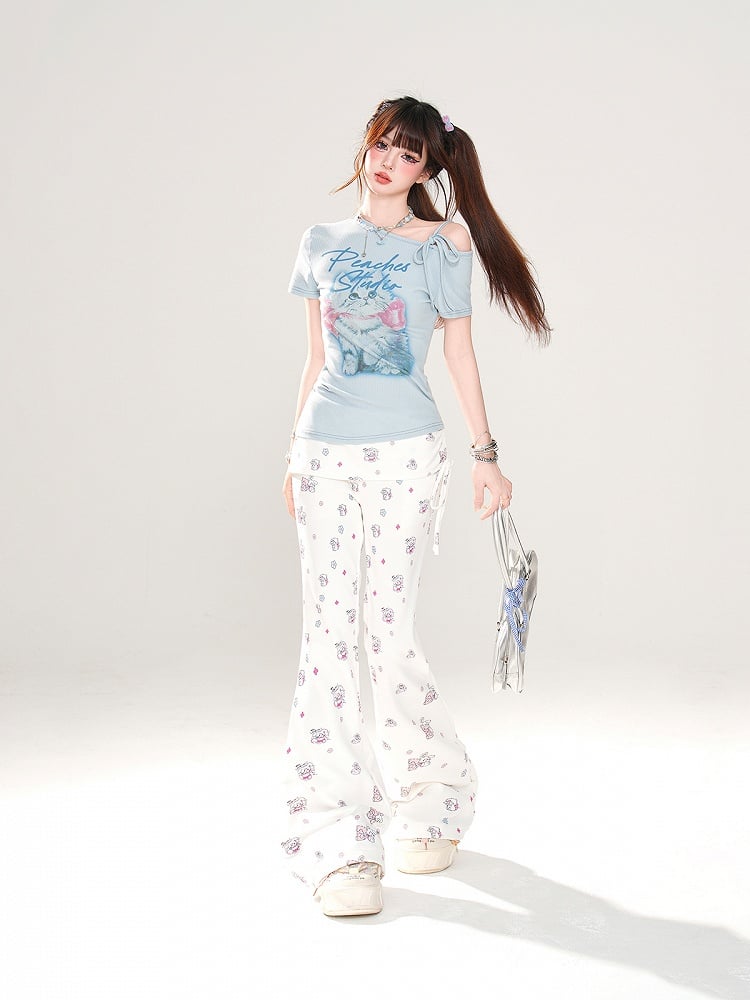 Entzückendes Kätzchen-Print Blau/Weiß T-Shirt Asymmetrischer Ausschnitt Glamourös