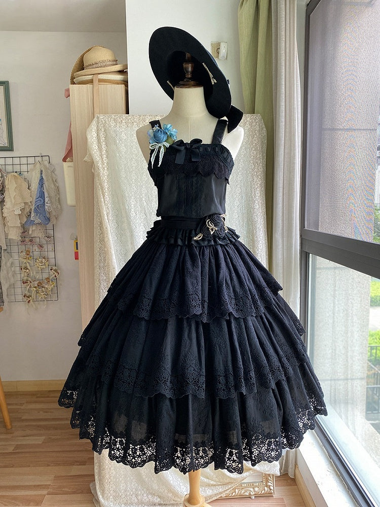 Elegant Black Multilayer Ruffled Floral Embroidery Skirt - Miss Point