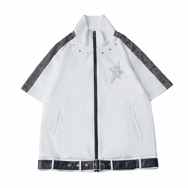 Star Print Zip-Up Jacket with Belt Accents in White and Gray - PINK SAVIOR