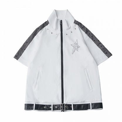 Star Print Zip-Up Jacket with Belt Accents in White and Gray - PINK SAVIOR