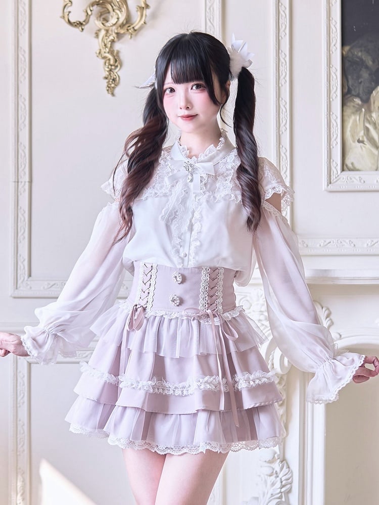 Rhinestone Design Tiered Embellishments Skirt Pink and Jirai High Lace-up Kei Front with Waist