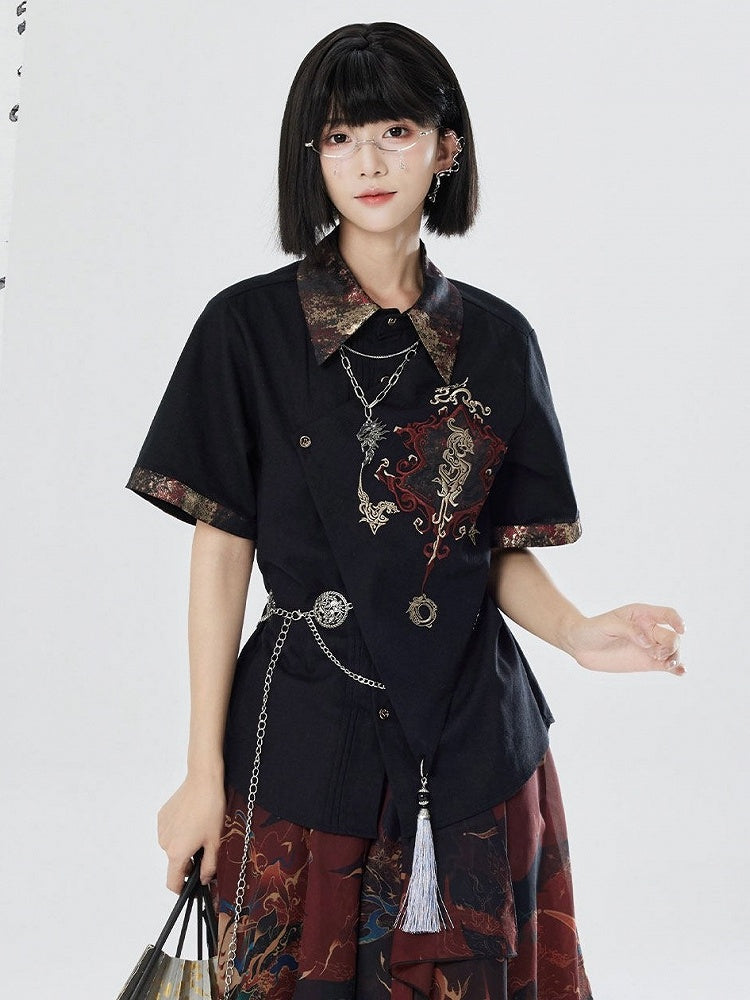 Embroidered Dragon Short Sleeve Shirt - Qing Tang Original
