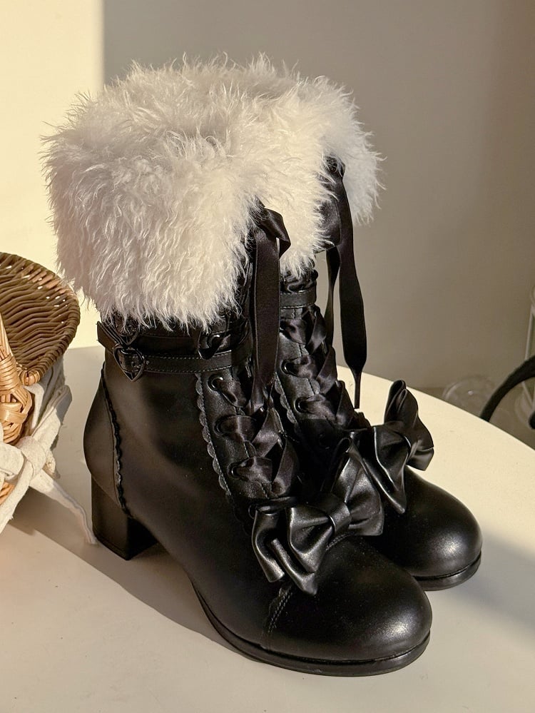 Boots Clasp - Mid-heel Top with at Sophisticated Lolita Multi-Closure Romantic Bow Black