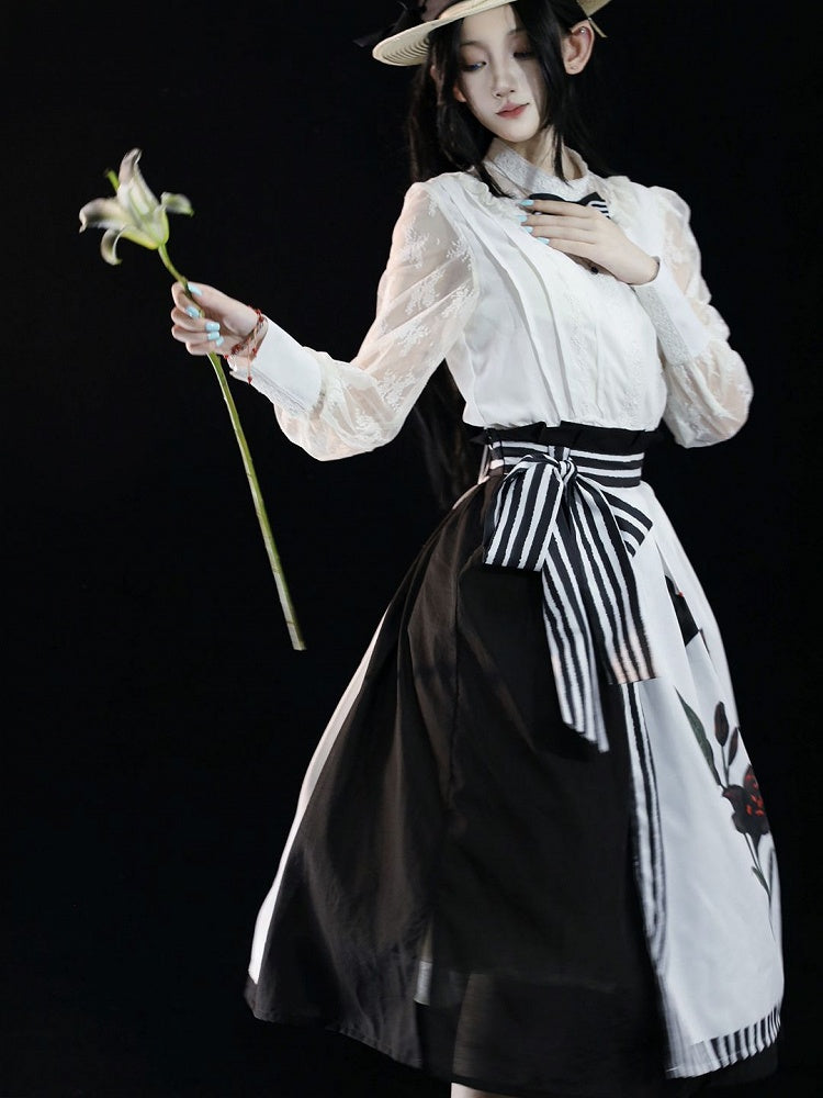 Black Lolita Striped Lily White Midi Elegant Print Skirt and