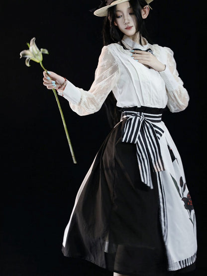 Black Lolita Striped Lily White Midi Elegant Print Skirt and