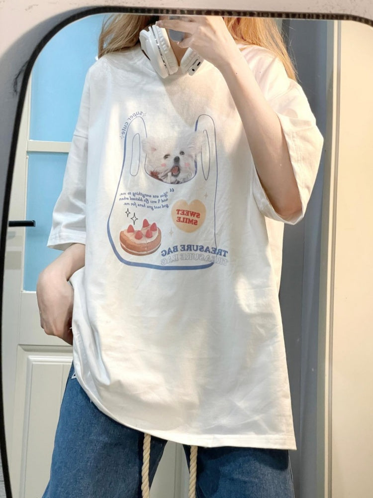 ホワイトのかわいい子犬プリントグラフィックTシャツ