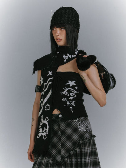 with Star Edgy Matching Punk Print Slit Scarf Skull Top + Black Front Strapless