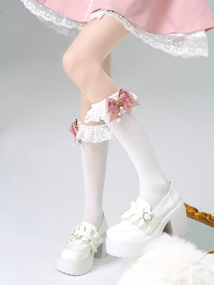 Jirai Colors Socks Lace 3 Bow Trim Calf Decoration Kei