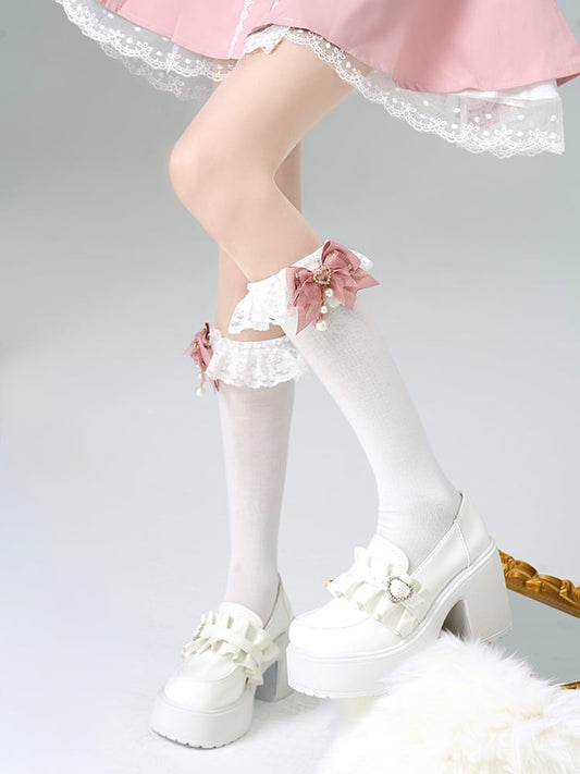 Jirai Colors Socks Lace 3 Bow Trim Calf Decoration Kei