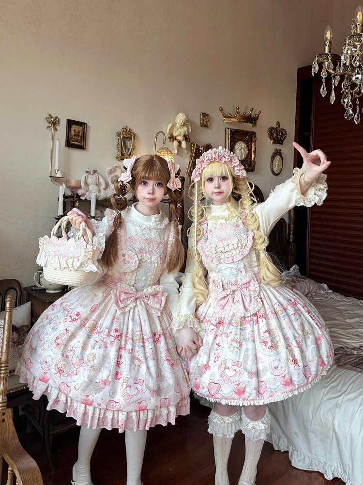 Strawberry and Cat Theme Sweet Pink Bow Lolita Overall Dress with Detachable Heart Brooch - wawao good night bear