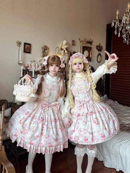 Strawberry and Cat Theme Sweet Pink Bow Lolita Overall Dress with Detachable Heart Brooch - wawao good night bear