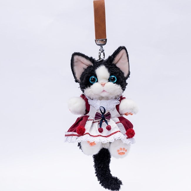 Wine Black/Gray/White Accent Cute Cat Red Skirt with Devon Keychain