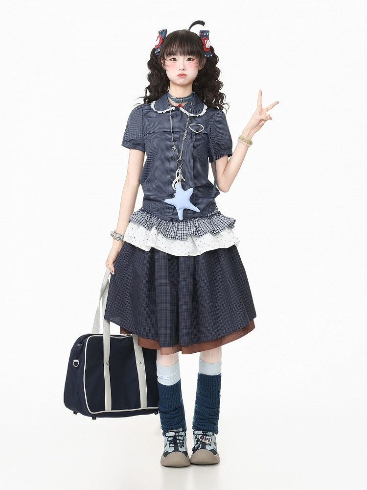 Blue Plaid Peter Pan Collar Shirt with Puff Sleeves and Heart Buckle - Languid Park