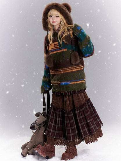 Brown Plaid Patchwork Flounce Hem Lace Skirt