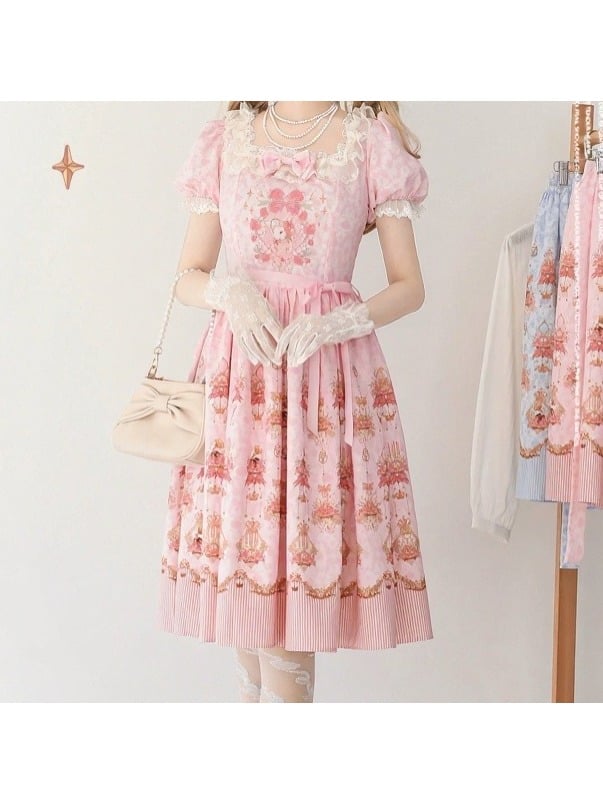 Pink Rabbit Floral Print Lolita OP Dress with Lace Details - Strawberry Witch