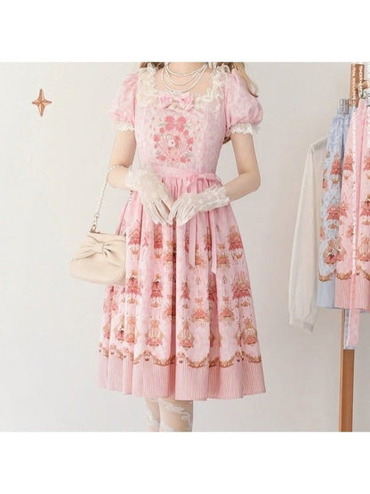 Pink Rabbit Floral Print Lolita OP Dress with Lace Details - Strawberry Witch