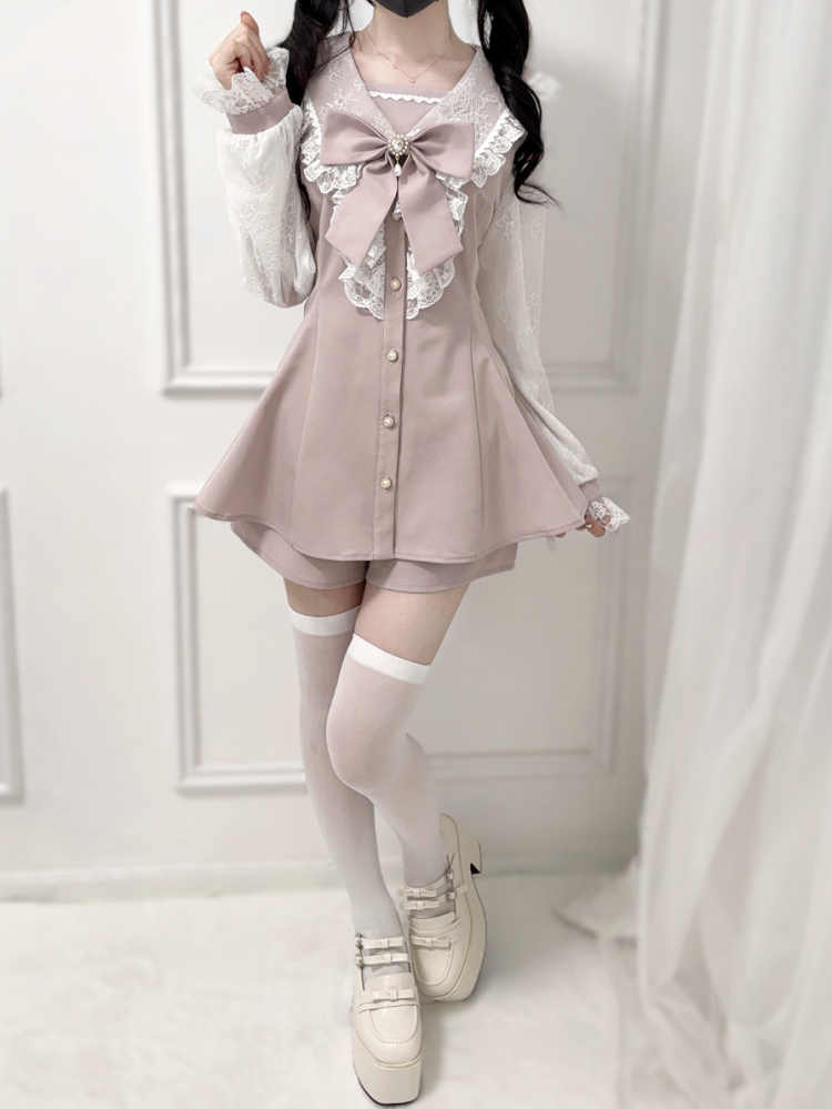 Collar Sailor Mesh Coord Kei with Jirai Sleeves Pink Sweet Set: Dress