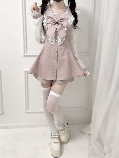 Collar Sailor Mesh Coord Kei with Jirai Sleeves Pink Sweet Set: Dress