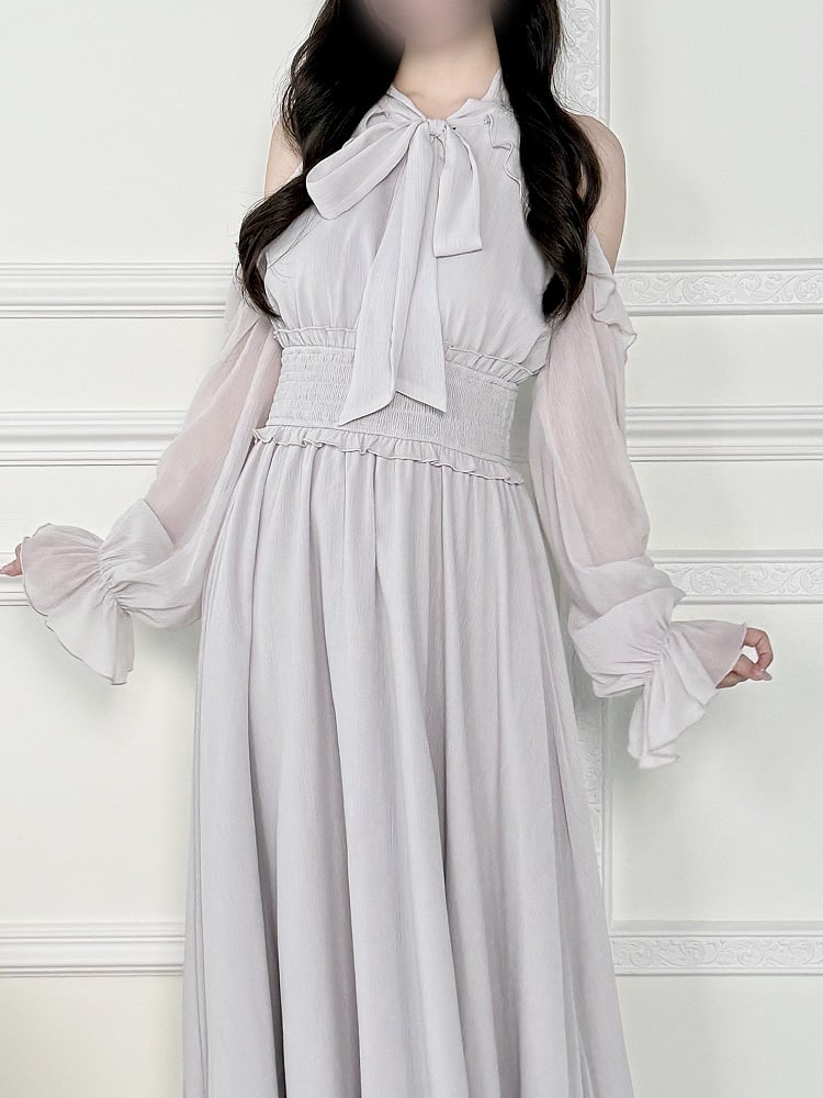 mit Kleid: Grauer heller Stil, Ausschnitt, Unschuld, gesmokt, Kei, Schulter, Taille, Pure Jirai