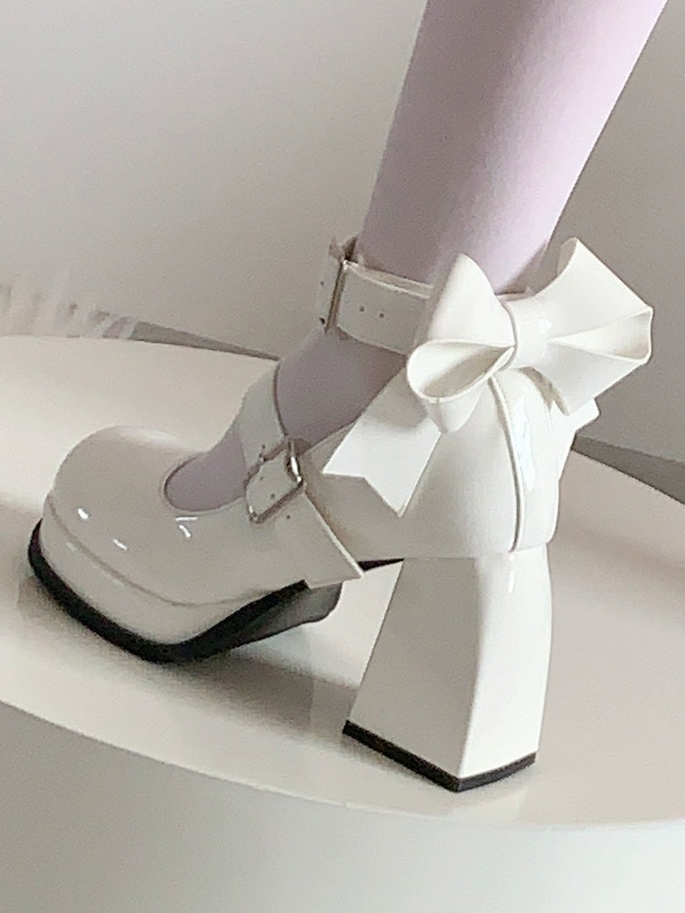 White Lolita Janes Bow at High Straps Heel Back with Buckle Mary Block