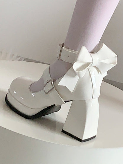 White Lolita Janes Bow at High Straps Heel Back with Buckle Mary Block