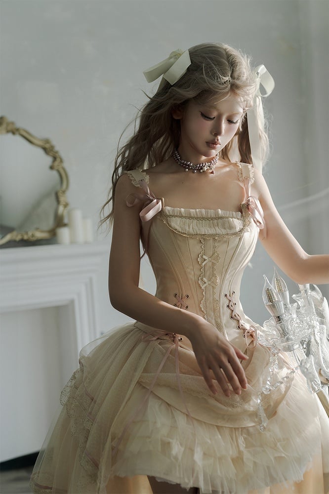 Skirt + Classic Layered Boned High-low Top Lolita Corset Tulle Champagne