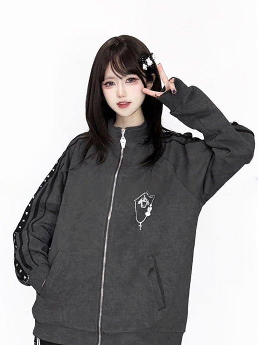Stud with Printed Long-Sleeve Casual Gray Jacket Jirai Decorations Kei