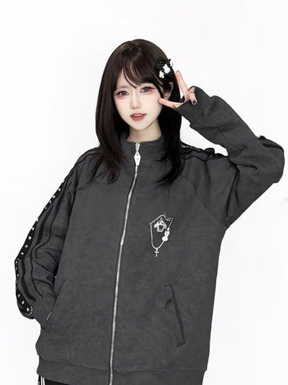 Stud with Printed Long-Sleeve Casual Gray Jacket Jirai Decorations Kei
