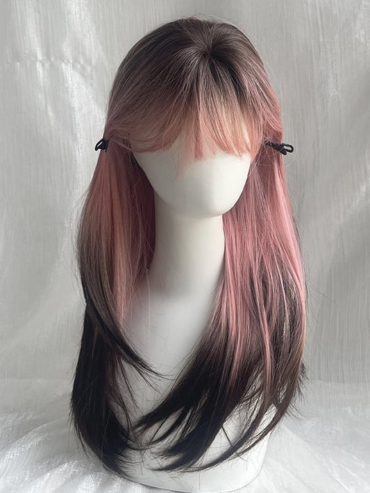 Rosa-schwarze Ombre-Unterbrust-Perücke in glatter Kunsthaarlänge mit Pony