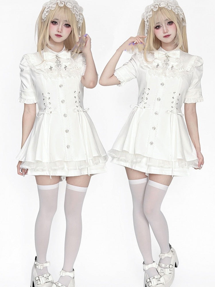 Schleife, kurze Krawatte, Lätzchen, abnehmbar, Kei mit Kleid, ganz in Weiß, Jirai-Set, Ärmel