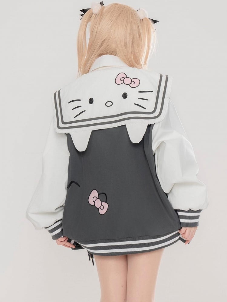 Grey/Navy Blue Kitty Embroidery Sailor Collar Spring Zip Jacket