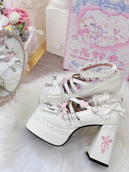 in Heels White Block High Sweet PU Decor Leather Bow -