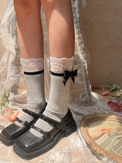 Calf Cuff Black/White/Gray Vertical Decoration Bow Lace with Pattern Striped Socks