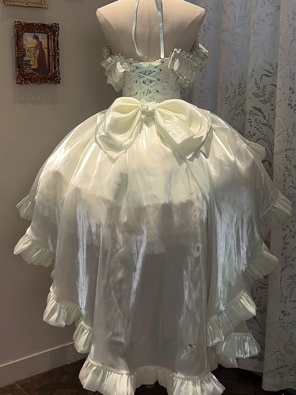 Flower with Lolita Jacquard Green Accents Layered Dress Lace Blooming Hime Mint Basque Waist Fluffy