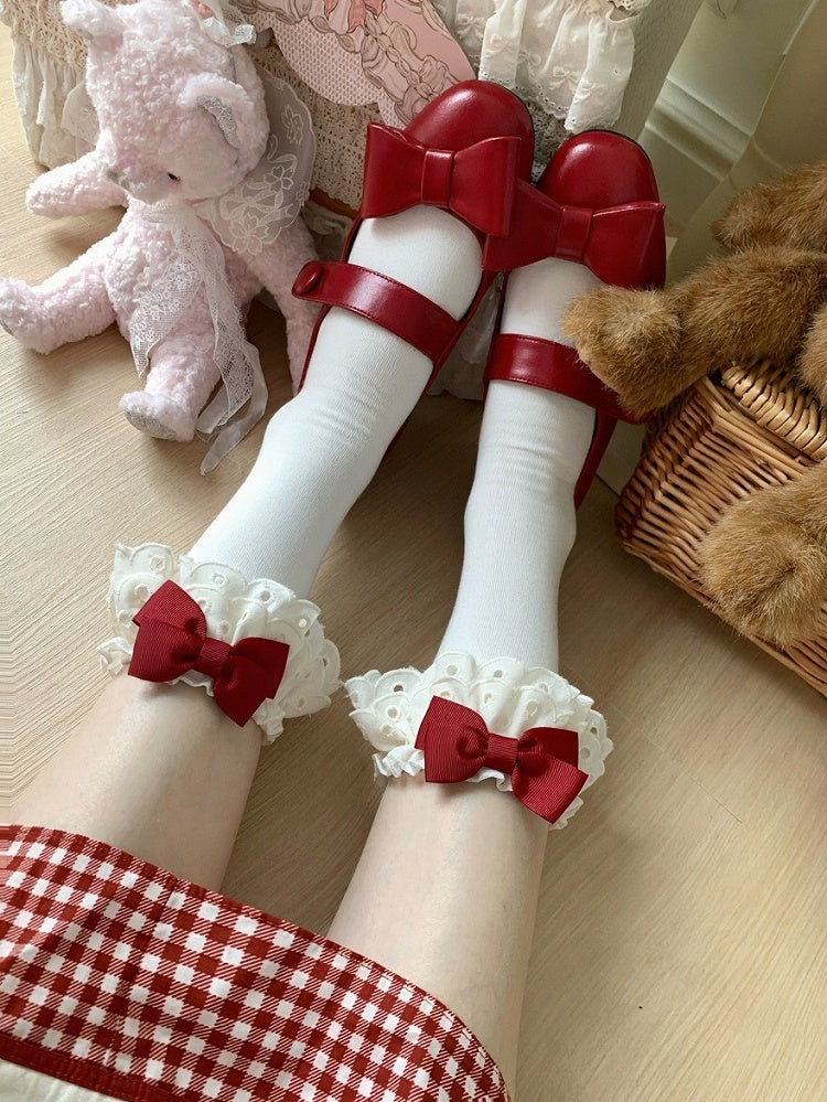 Beige Ankle Socks with Bowknot & Lace Trim, 10 Colors - ROJI ROJI