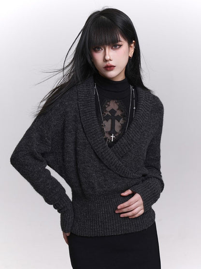 Dark Gray Wrap V-Neck Knit Pullover Sweater - Slim Fit