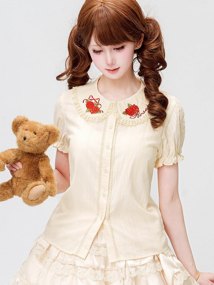 Cream Short Sleeve Lolita Blouse with Red Rosette Embroidery Collar - Dream Magic Box