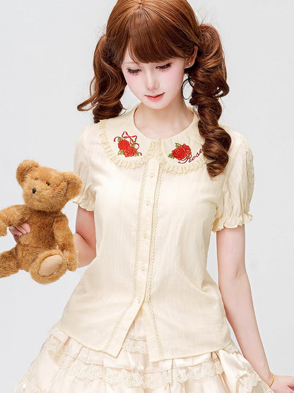 Cream Short Sleeve Lolita Blouse with Red Rosette Embroidery Collar - Dream Magic Box