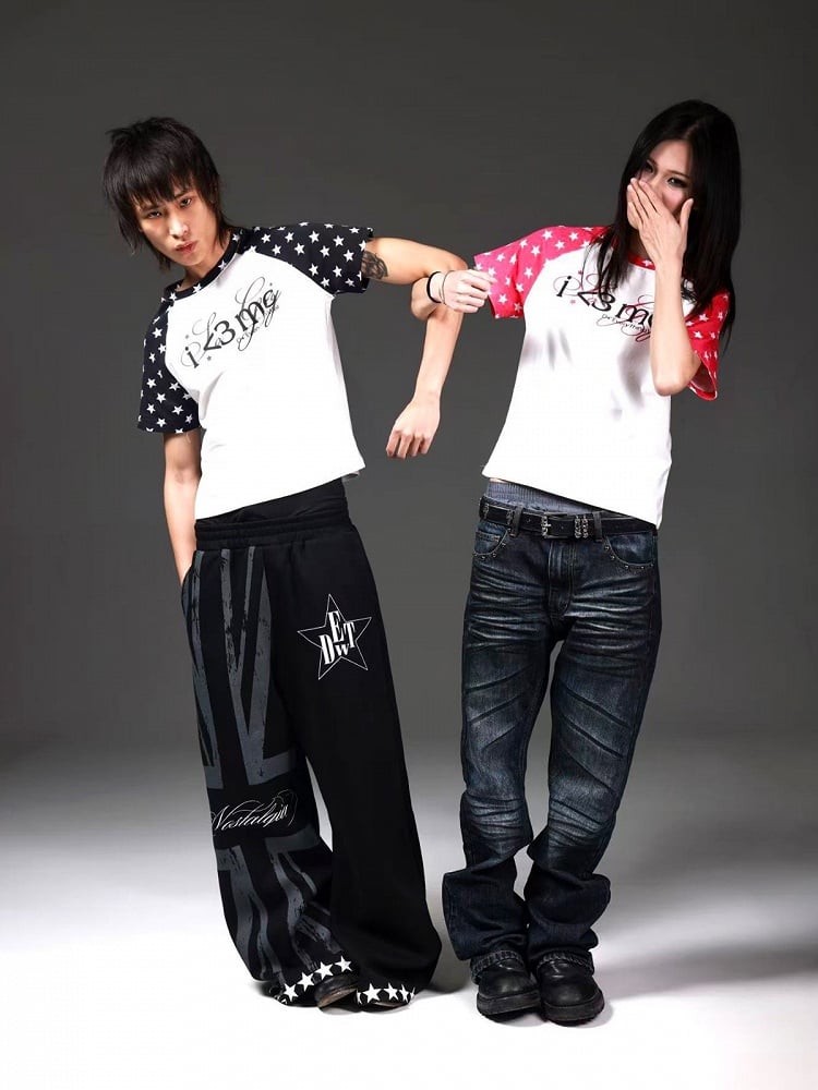 Gender-Neutral Star and Letter Print Short Sleeve Raglan Tee in Black and White - DETW OnLine