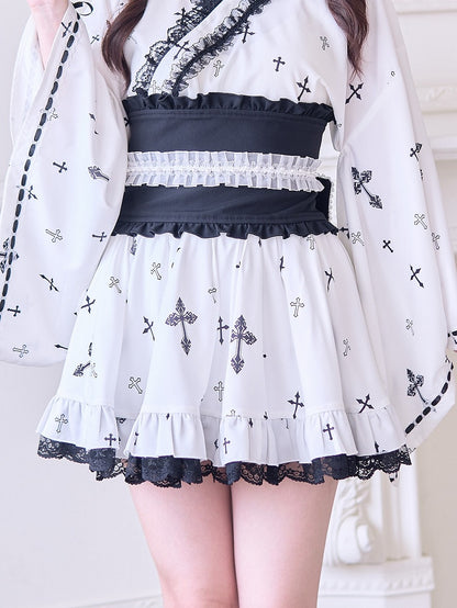 Rock mit hoher Taille, schwarzem Gothic-Kreuz-Print und Spitzenbesatz, Jirai Kei, Weiß