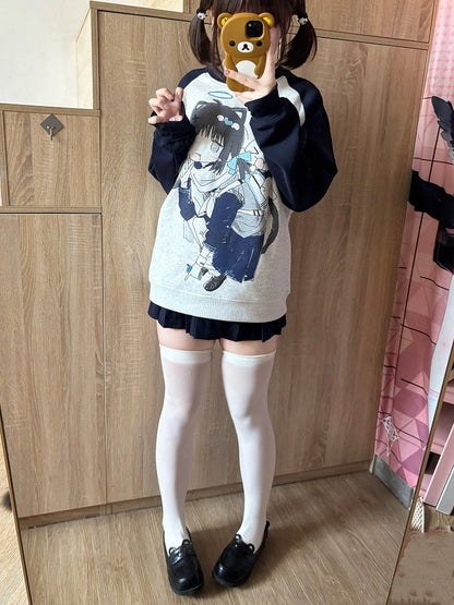 White Colorblock Sweatshirt Crew Cartoon Design Neck Girl with Print