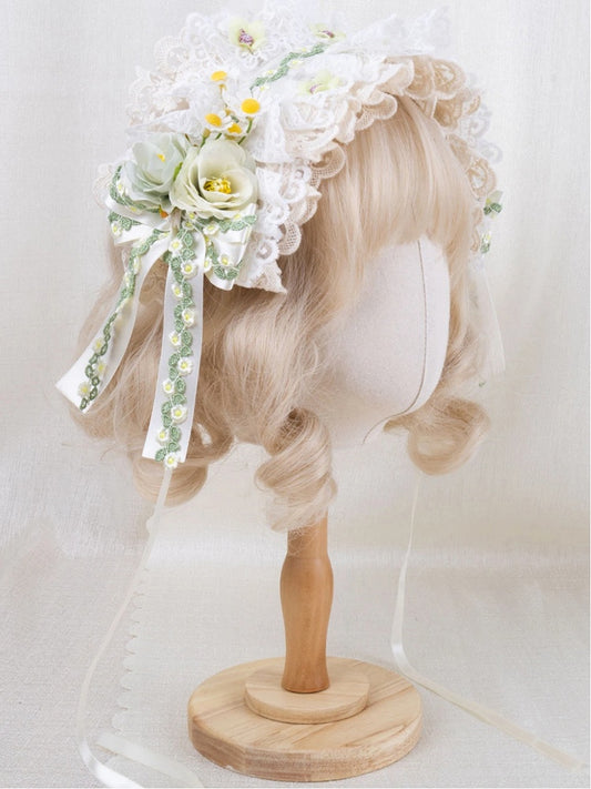 Light White Lace Embroidery Hairband Green Floral